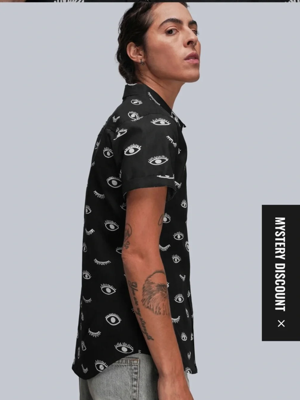 Wildfang Black Short-Sleeve Button-Down Shirt with White Eye Print - Picture 2 of 3